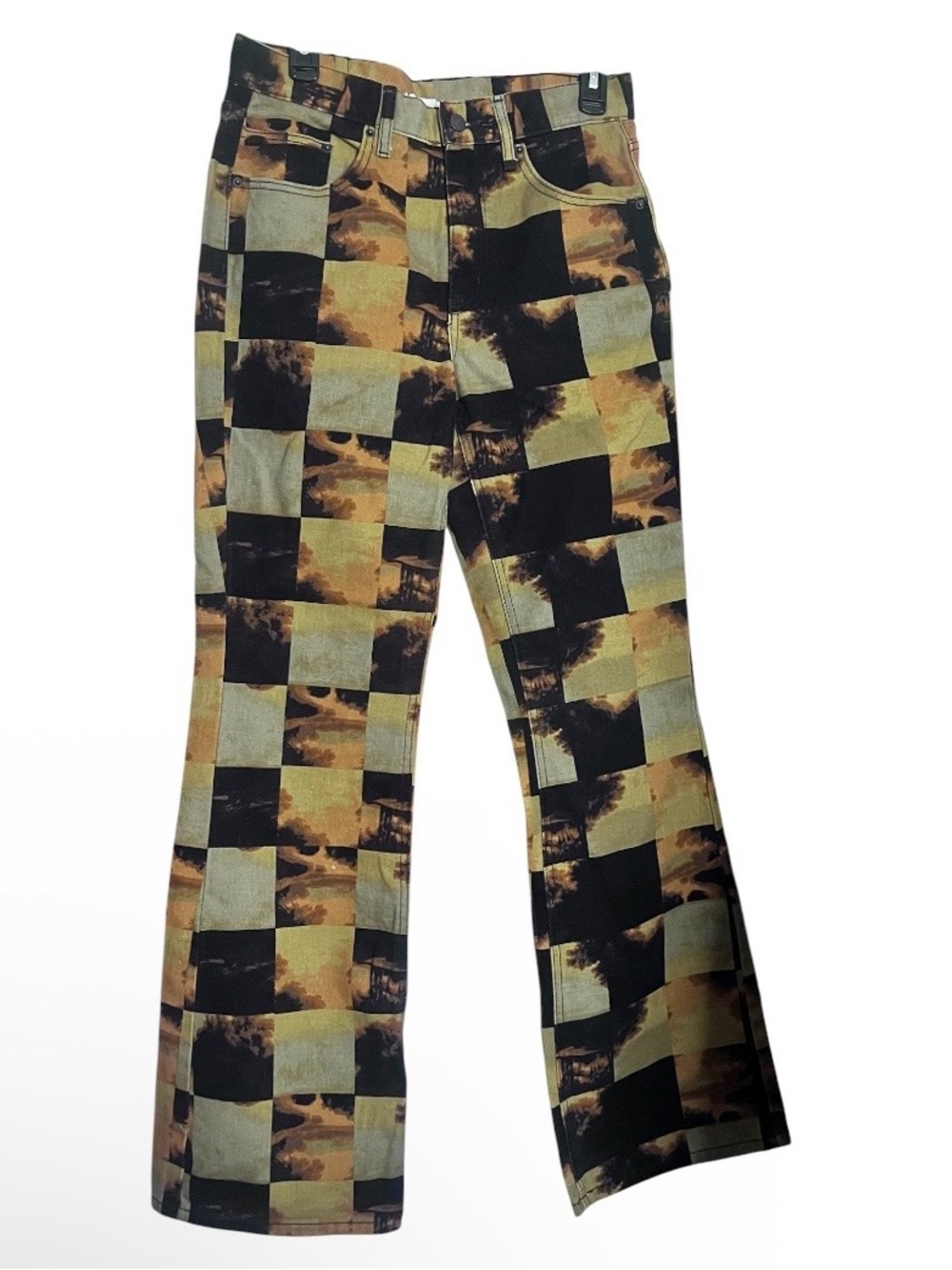 BDG Y2K Patchwork Checkerboard Print Flare Jeans Size 28 NWOT
